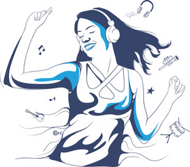  joyful Woman wearing earphones, Flat cartoon vector illustration