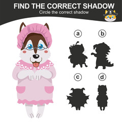 Find the correct shadow. Matching the image with the shadow of cute dog in Halloween costumes. Worksheet for kid. Educational printable worksheet. Vector illustration.