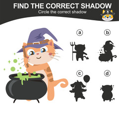 Find the correct shadow. Matching the image with the shadow of cute kitten in Halloween costumes. Worksheet for kid. Educational printable worksheet. Vector illustration.