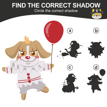 Find the correct shadow. Matching the image with the shadow of cute dog in Halloween costumes. Worksheet for kid. Educational printable worksheet. Vector illustration.