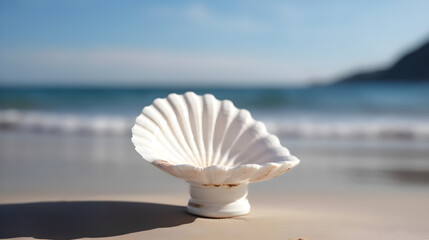 white seashell podium on the beautiful beach and clear blue sky  created with Generative AI - obrazy, fototapety, plakaty