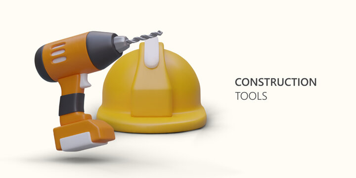 Construction tools. 3D safety helmet and electric drill. All for work and protection of employee. Equipment for masters of different levels. Bright illustration on light background