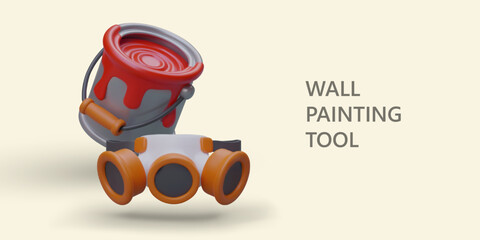 Set for safe wall painting. 3D paint bucket and respirator. Air gas mask. Respiratory protection during painting. Tools for professional work. Vector advertising banner