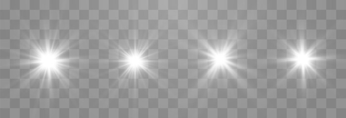 Vector transparent sunlight set. Light png. Special flash light effect. Glow light effect, bright sun or spotlight beams. Decor element isolated on transparent background.