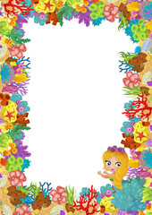 cartoon scene with coral reef and happy fishes swimming near mermaid princess isolated illustration for children