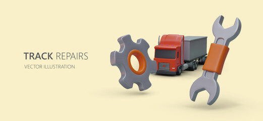 Truck repair. Auto mechanic service center. Advertising vector concept for car repair shop. 3D truck, gear, wrench. Original parts, professional diagnostics