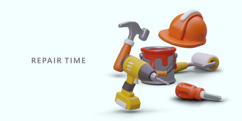 Global repair. Major replanning, dismantling, reconstruction. Painting walls and ceiling. Repair crew services. Banner in cartoon style with place for advertising text, promotional offer