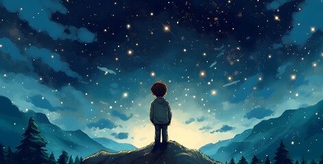 illustration of a boy looking at night starry sky.