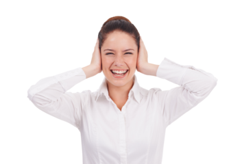 Hands, cover ear and portrait of woman to block sound, noise or music or on transparent, isolated or png background. Face, smile and covering hearing, loud audio or listening with hand on head