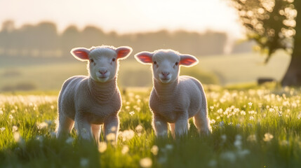 lambs in countryside in the sunshine.