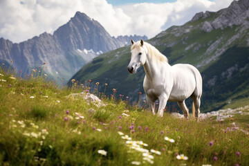 Obraz premium White horse in a mountains, Generative AI