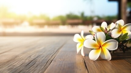 A wooden table with white frangipani flowers. Generative AI