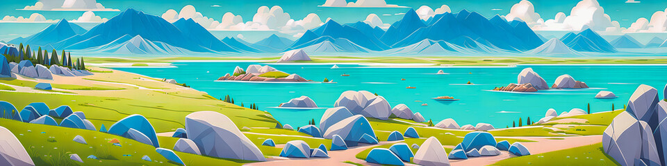 Coastal Majesty: Rocky Shores in Summer's Embrace, Amidst Majestic Mountains and Cool Climate., Generative AI