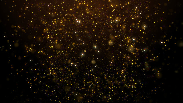 golden particles shining stars dust bokeh glitter awards dust abstract background. 
Futuristic glittering in space on black background.