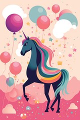 Naklejka na ściany i meble Kids children birthday card invitation or a letter for message. Unicorn with balloons and candle cake. Happy birthday lay out design. Generated AI.