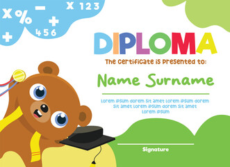Cute diploma certificate template for preschool, kindergarten or primary school student. A cute brown bear holding a medal during the graduation day