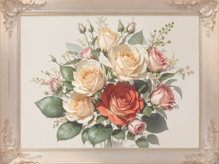 Photo frame with a bouquet of red  pink and white roses with green leaves, Illustration Art,AI generated