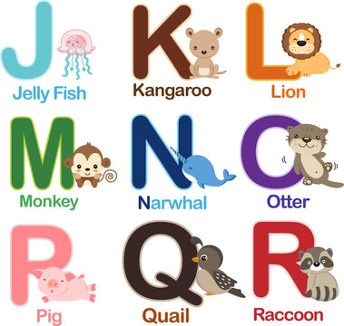 English alphabet with cute animals cartoon.