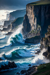 Naklejka na ściany i meble Stunning coastal cliffs with crashing waves- coastal cliffs, crashing waves, ocean, cliffs, dramatic, nature, rugged, po