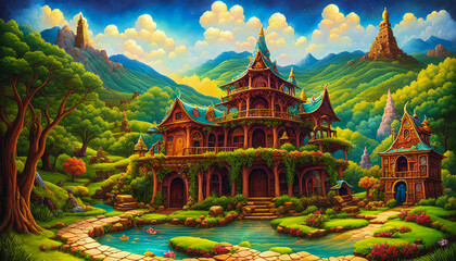 Obraz premium Enigmatic Haven: Secret Temple amidst a Colorful Landscape.