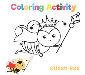 Coloring the queen bee. Coloring activity for preschool and kindergarten children. Printable educational printable coloring worksheet. Vector illustration file.