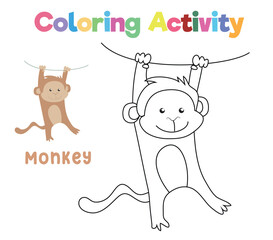 Coloring the monkey hanging on the rope. Coloring activity for preschool and kindergarten children. Printable educational printable coloring worksheet. Vector illustration file.
