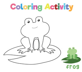 Coloring the cute frog standing on the lotus leaf. Coloring activity for preschool and kindergarten children. Printable educational printable coloring worksheet. Vector illustration file.