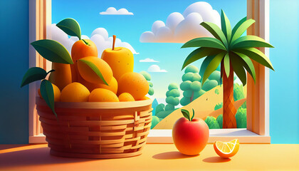 Fresh Fruits in Indoor Environment: Apple, Oranges, Pineapple, and Mango - Minimalist UI Illustration