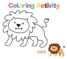 Colouring the cute lion. Coloring activity for preschool and kindergarten children. Printable educational printable coloring worksheet. Vector illustration file.
