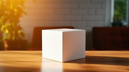 White Cardboard Box on Wooden Table (Mockup)