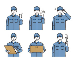 帽子をかぶった作業服の男性　よくあるポーズのセット