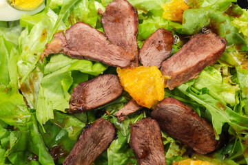 Salad of duck meat with different greens, fragment close-up