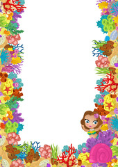 cartoon scene with coral reef and happy fishes swimming near mermaid princess isolated illustration for children