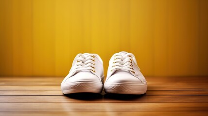 Close up Blank white shoes on Wooden table (mockup)