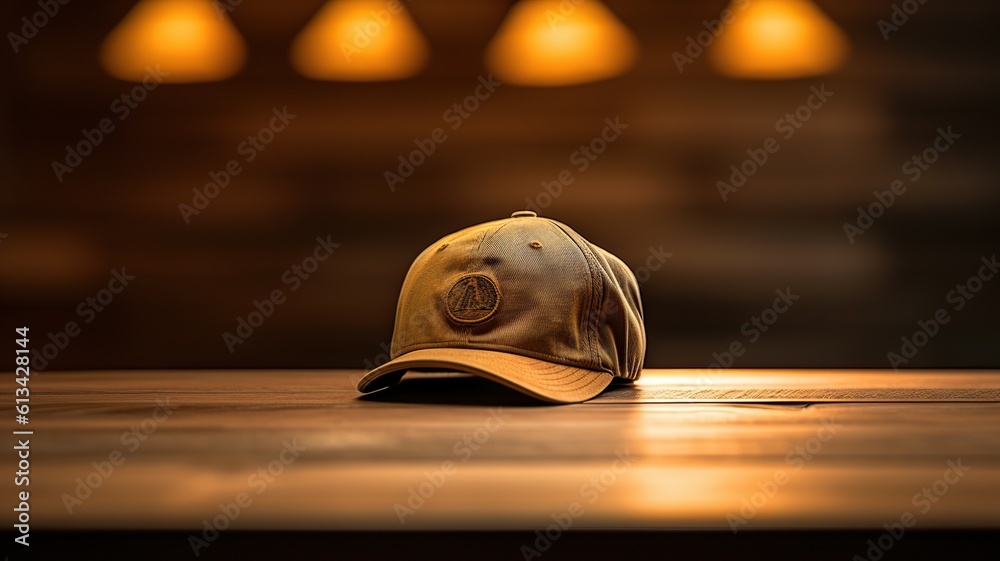 Poster Blank White Cap / hat on Wooden table