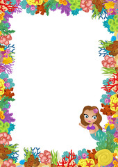 cartoon scene with coral reef and happy fishes swimming near mermaid princess isolated illustration for children