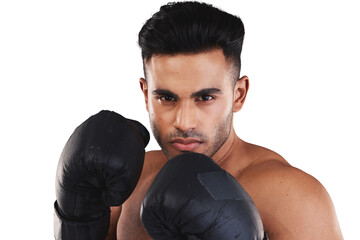 Sports, boxing and portrait of man in gloves isolated on transparent, png background for power,...