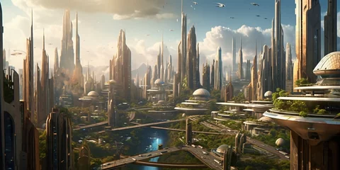 futuristic high-tech city with advanced infrastructure, science fiction cityscape, fictional landscape created with generative ai © CROCOTHERY
