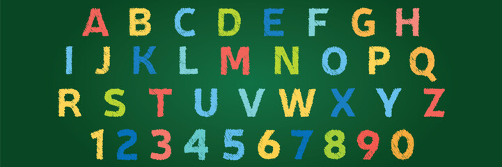 Colorful school chalk square shape letters and numbers. Multicolor text Welcome back on green chalkboard. 