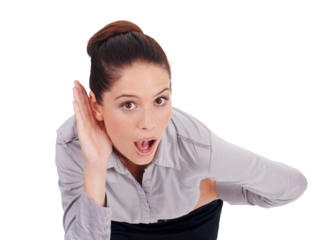 Listening, ear and portrait of business woman hearing gossip, announcement or news on transparent, isolated or png background. Face, surprise or person with hand cupping ears to hear secret or listen