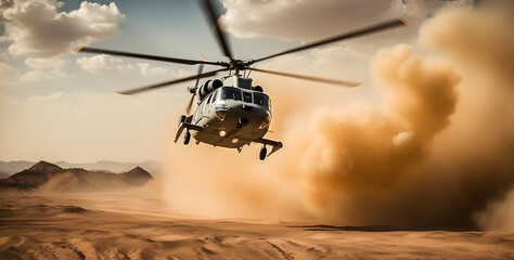 Military helicopter in active combat zone. War chopper aircraft flying for the army and landing in the desert. - obrazy, fototapety, plakaty