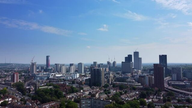 Drone shot Croydon city in England with space for text or copy on sky