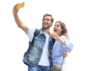 Beautiful lovely young couple walking at the city streets, hugging while taking a selfie on a transparent background.