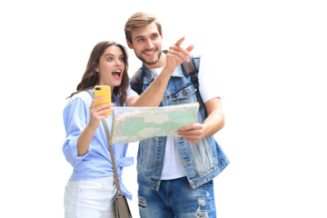 Beautiful young couple holding a map and smiling while standing on a transparent background.