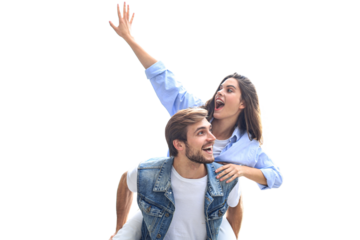 Handsome young man carrying young attractive woman on shoulders while spending time together on a transparent background.
