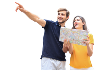 Beautiful young couple holding a map and smiling while standing on a transparent background.