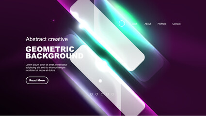 Abstract background landing page, glass geometric shapes with glowing neon light reflections, energy effect concept on glossy forms