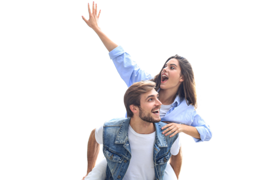 Handsome young man carrying young attractive woman on shoulders while spending time together on a transparent background.