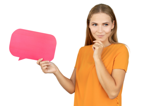 Beautiful young blonde woman standing isolated on a transparent background, holding empty speech bubble - Powered by Adobe