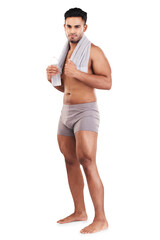 Portrait, water bottle and man with towel isolated on transparent png background. Topless, body and...